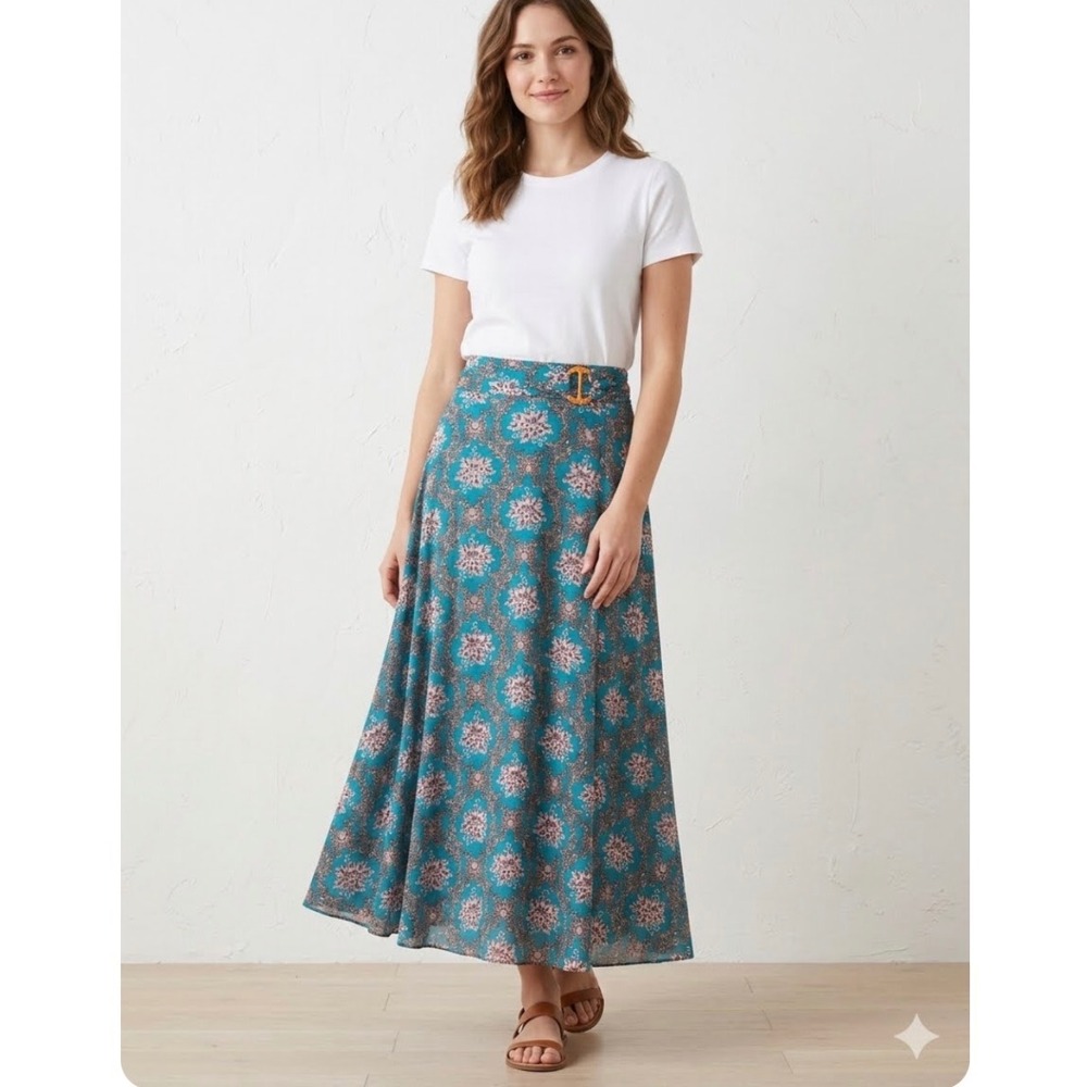 Womens Maxi Skirt M Teal Pink Damask Floral Boho Buckle Office Festival Coastal‎